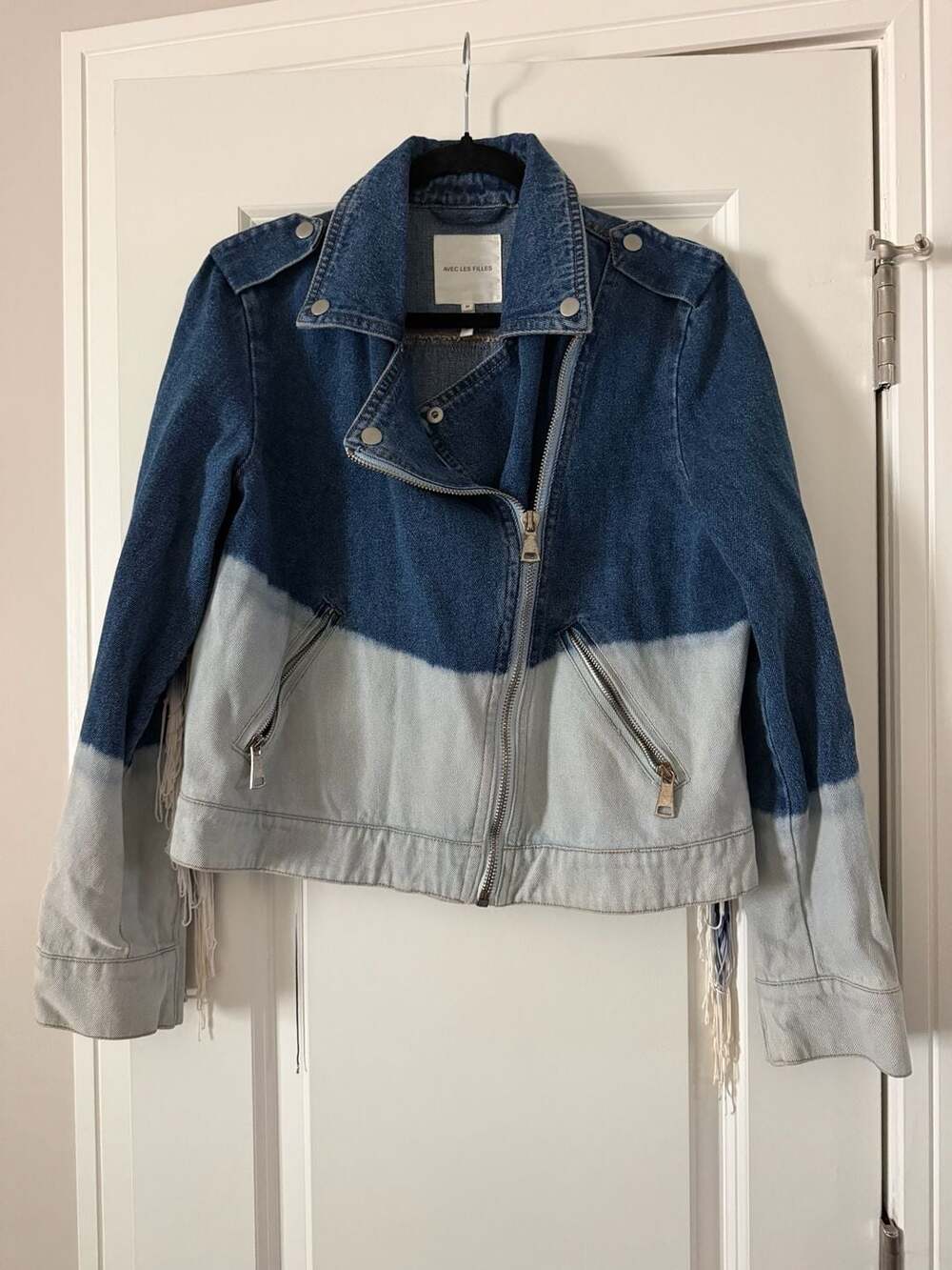 Avec Les Filles Ombre Dip-Dye Denim Biker Moto Jacket with Fringe Size M